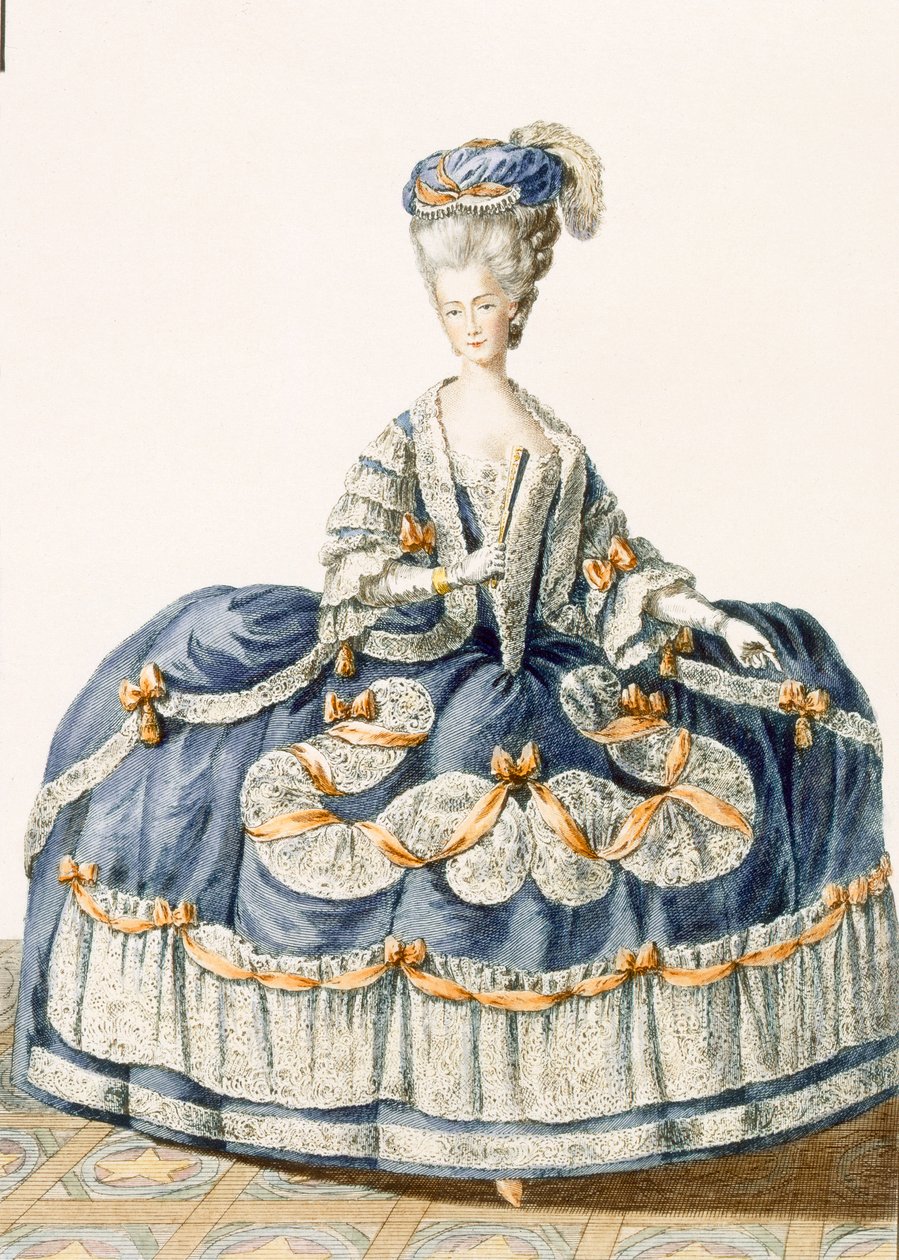 Kuninkaallisen hovin suuri tanssiaispuku, Le Royn kaiverrus, levy teoksesta "Galeries des Modes et Costumes Francais", n. 1778-87 99:vaatetus; perinteinen pukeutuminen; perinteinen puku; muoti; muotipuku; perinteinen puku; perinteinen puku. tekijältä Pierre Thomas Le Clerc