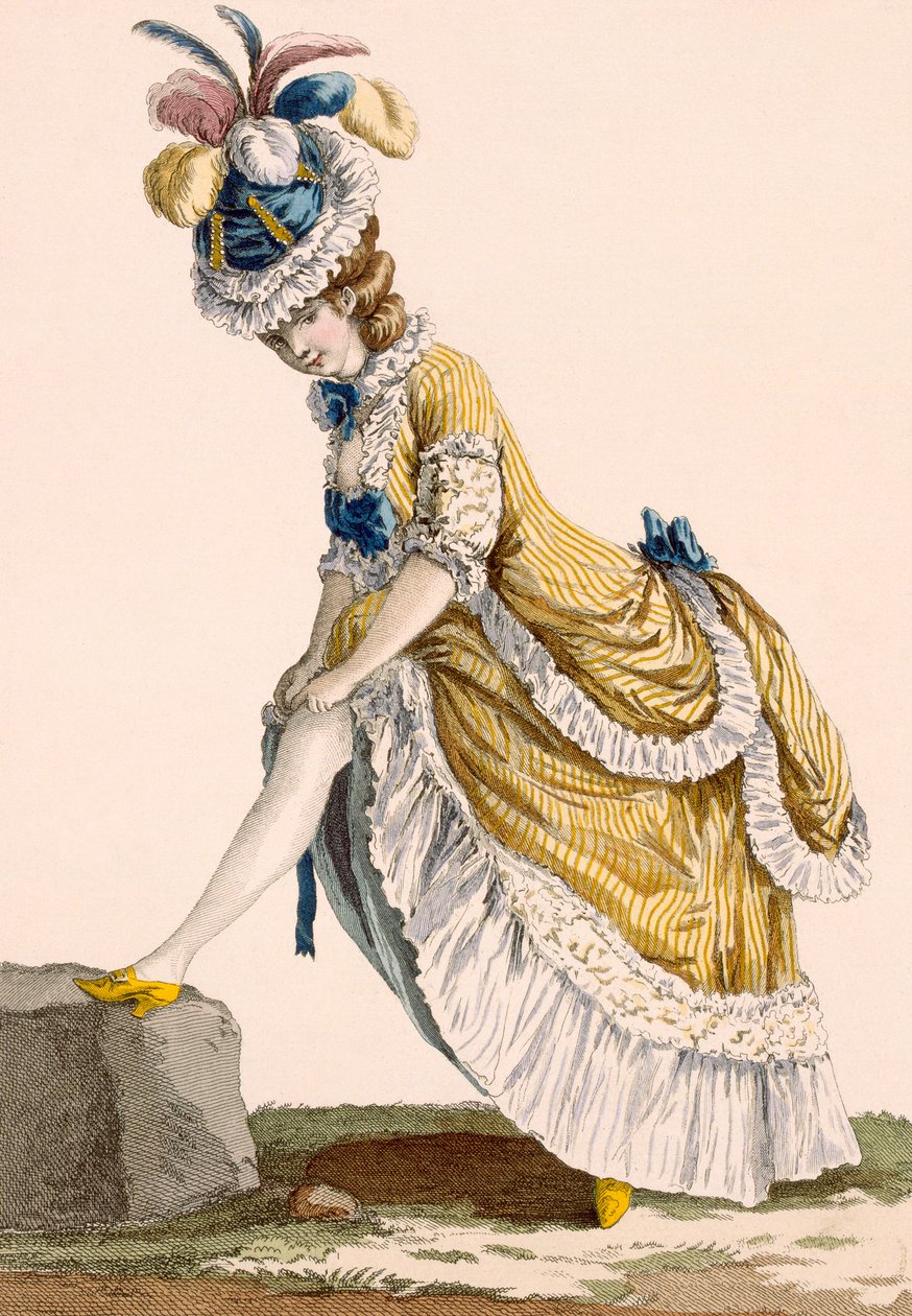 Nainen vetää sukkansa, kaiverrettu Le Beau, levy nro 1 julkaisusta "Galeries des Modes et Costumes Francais", n. 1778-87 tekijältä Pierre Thomas Le Clerc