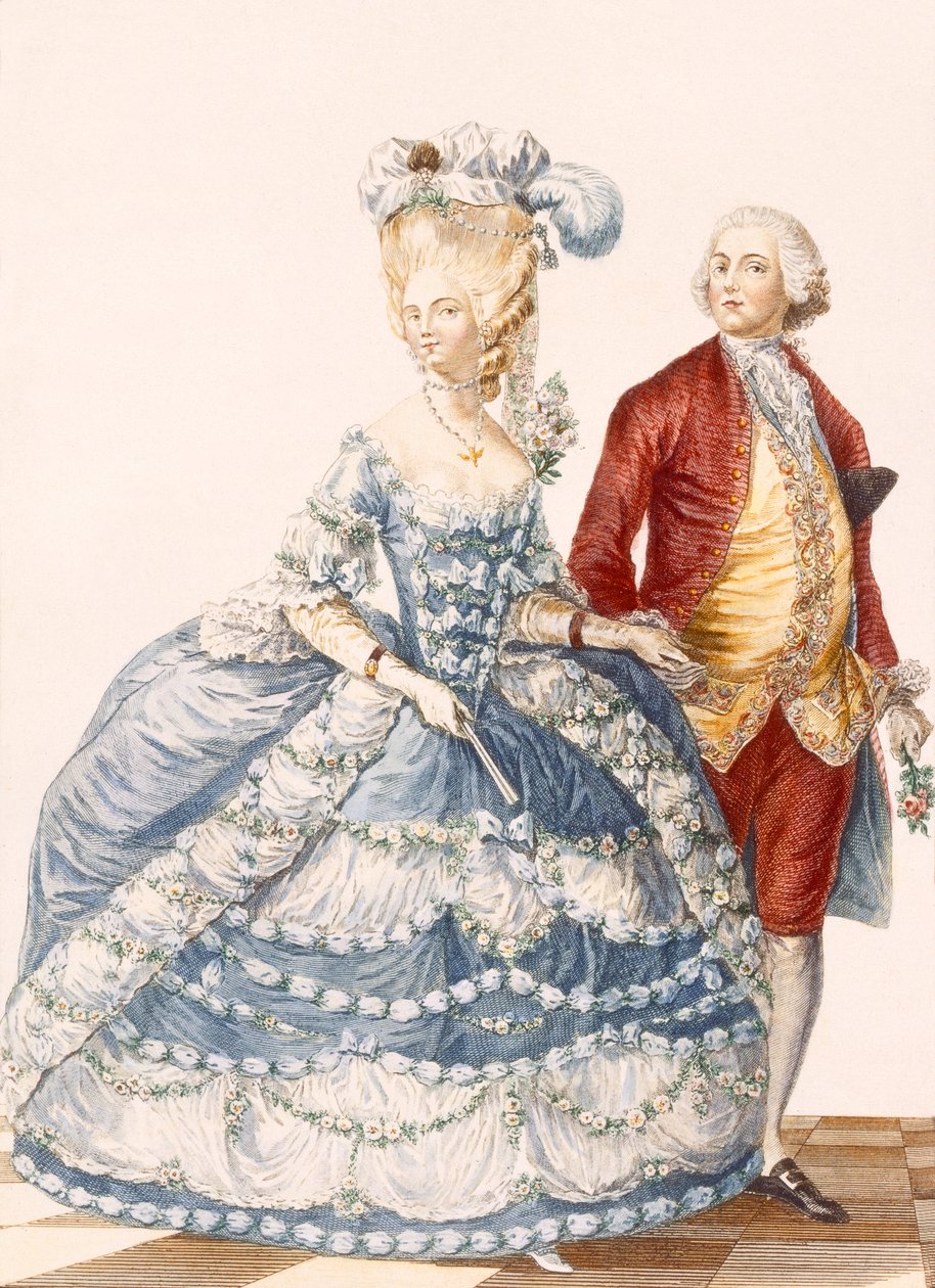 Nainen miehensä kanssa osallistumassa hovigaalaan, kaiverrettu Dupinin teoksesta "Galeries des Modes et Costumes Francais", n. 1778-87 tekijältä Pierre Thomas Le Clerc