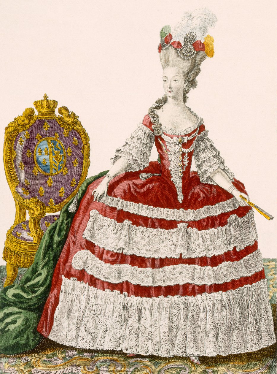 Naisten tumma kirsikkapuku, kaiverrettu Patas, levy nro 44 julkaisusta "Galeries des Modes et Costumes Francais", n. 1778-87 tekijältä Pierre Thomas Le Clerc