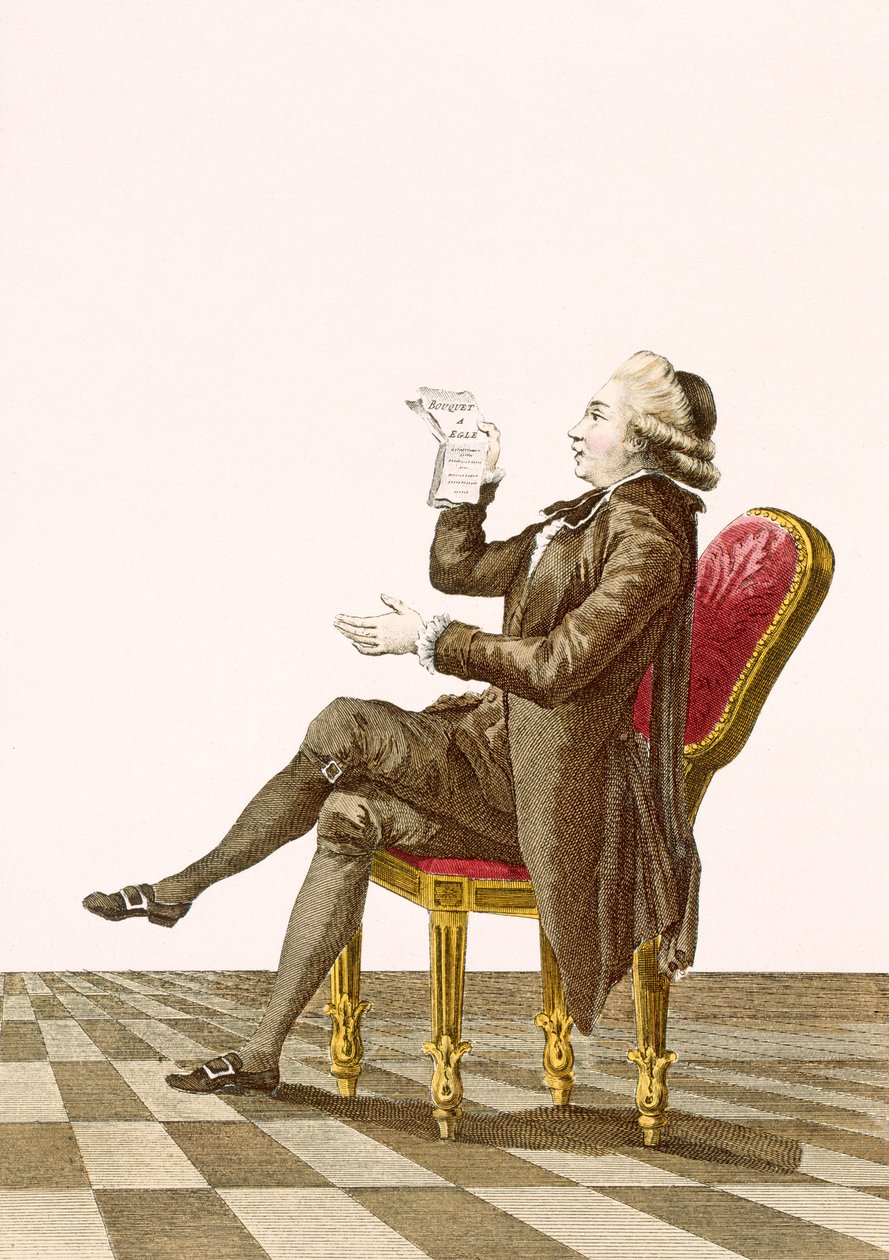 Nuori herrasmiesrunoilija, kaiverrettu Dupinin toimesta, levy nro 34 teoksesta "Galeries des Modes et Costumes Francais", noin 1778-87. tekijältä Pierre Thomas Le Clerc