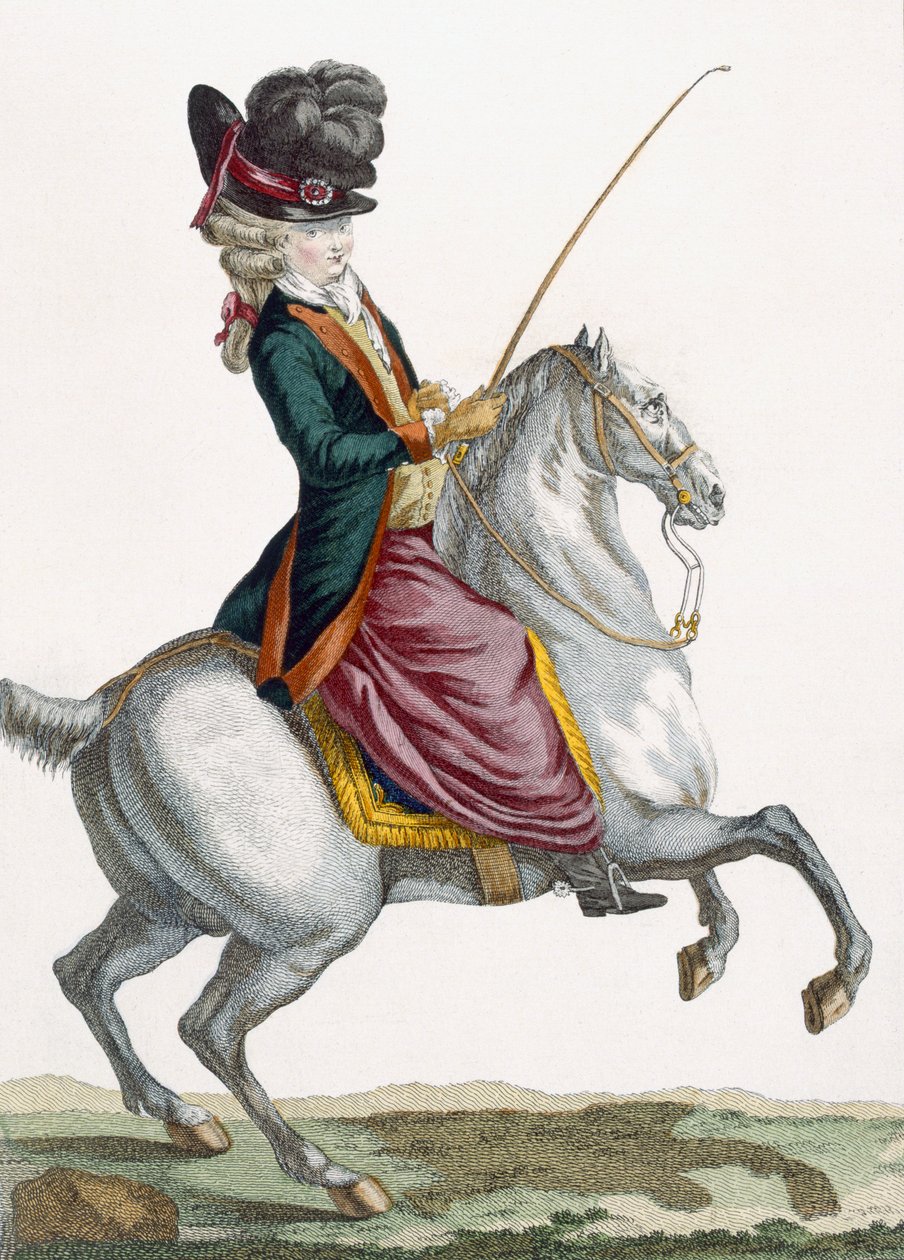 Nuori nainen ratsastaa hevosella, kaiverrus Voysard, levy "Galeries des Modes et Costumes Francais", n. 1778-87 tekijältä Pierre Thomas Le Clerc