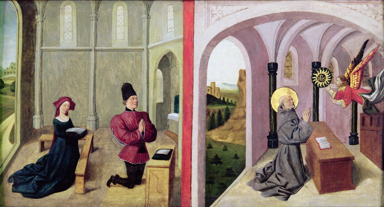 Saint Bernardino of Siena kahden lahjoittajan kanssa, 1460-70 tekijältä Pierre Villatte