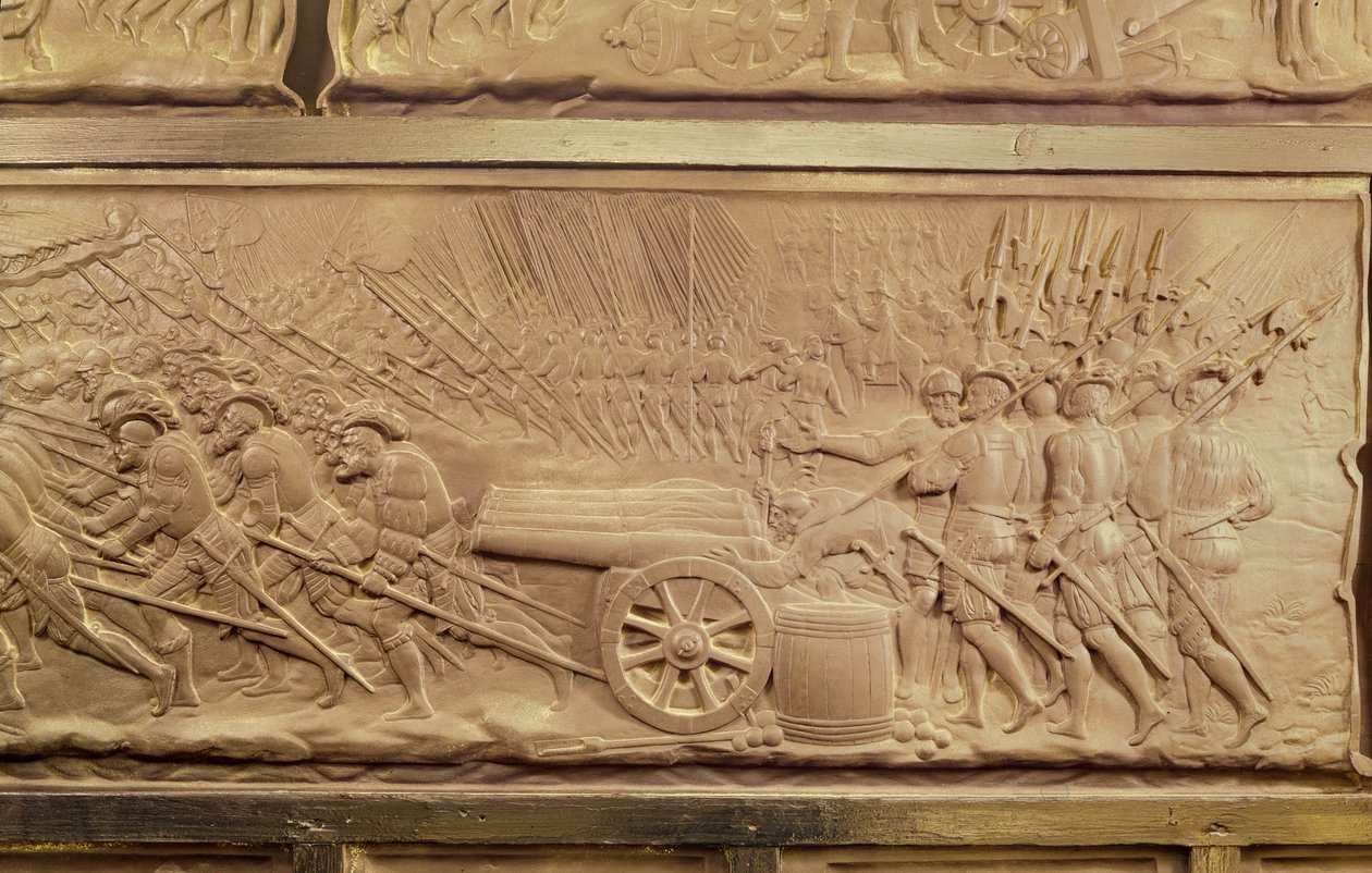 Francis I:n ja Bretagnen herttuattaren Clauden hauta, yksityiskohta Marignanon taistelun kanoneista, 1548 marmori tekijältä Pierre Bontemps