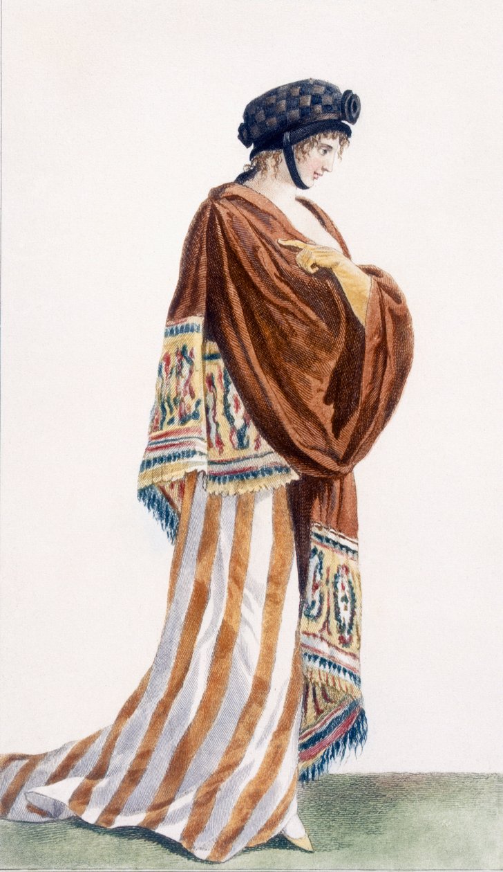 Naisten mekko samettihuivilla, kuvitus julkaisusta "Journal des Dames et des Modes", 1799 tekijältä Pierre de La Mesangere