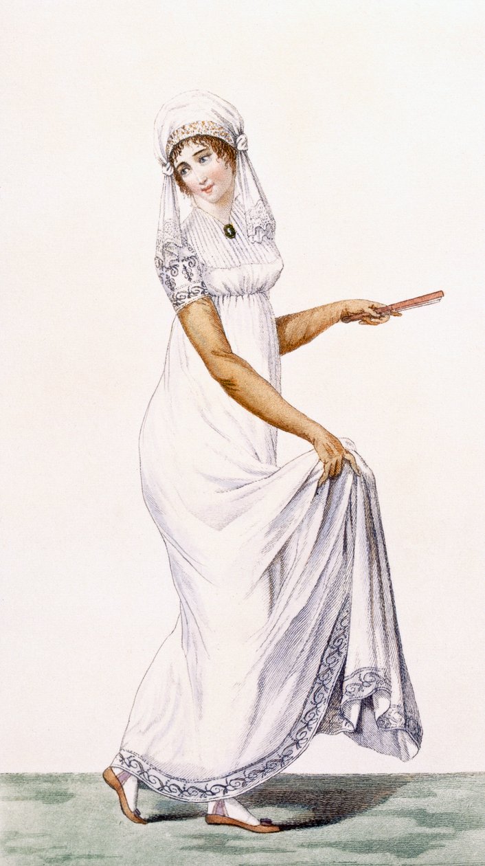 Naisten yksinkertainen valkoinen iltapuku, kuvitus julkaisusta "Journal des Dames et des Modes", 1801 tekijältä Pierre de La Mesangere