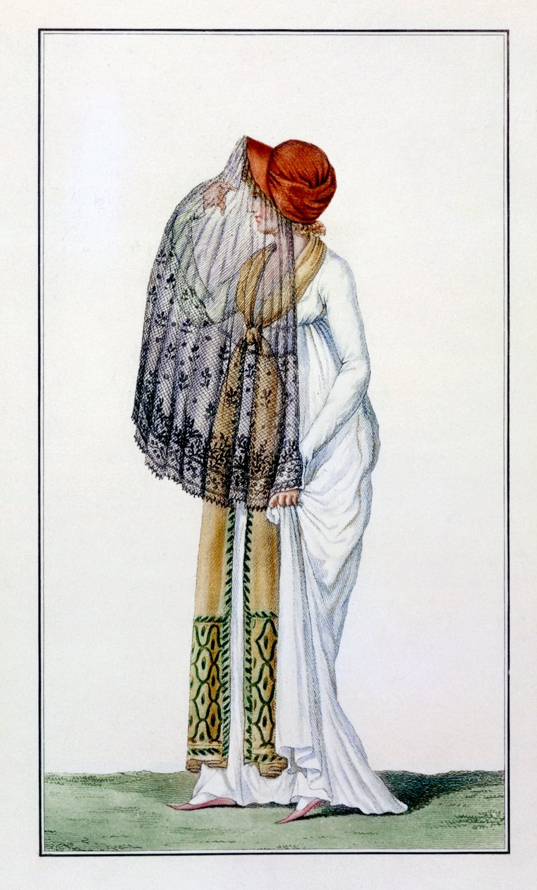 Naisten päivämekko, jossa on huntu Journal des Damesista, vuodelta 1799 tekijältä Pierre de La Mesangere