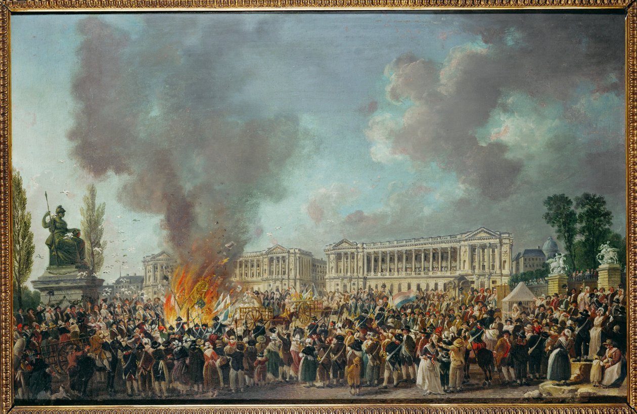 Monarkian tunnukset poltetaan Place de la Concorde -aukiolla ... tekijältä Pierre Antoine (attr. to) Demachy