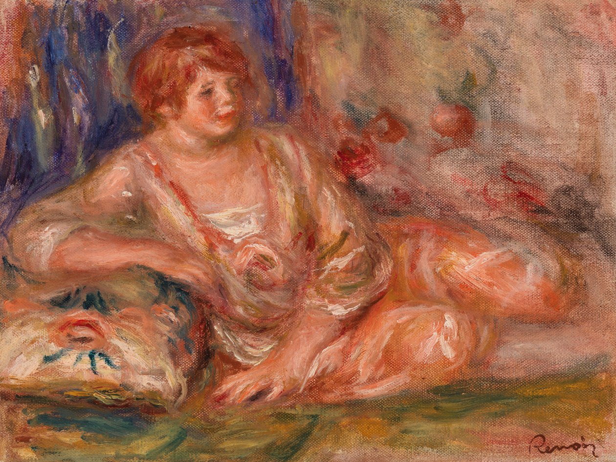 Andrée vaaleanpunaisessa, makuuasennossa tekijältä Pierre-Auguste Renoir