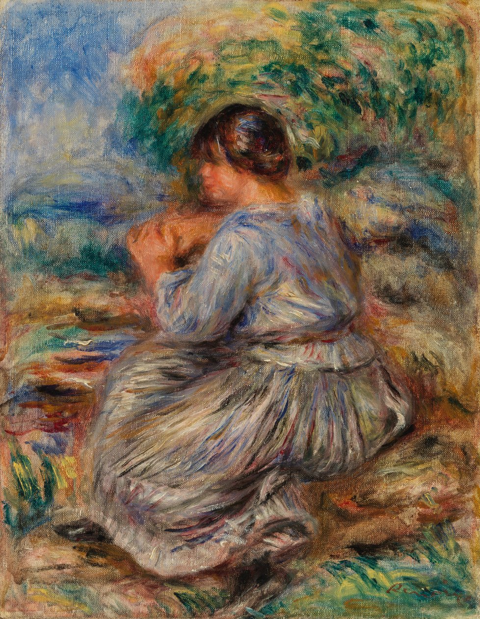 Tyttö istuu maisemassa tekijältä Pierre-Auguste Renoir