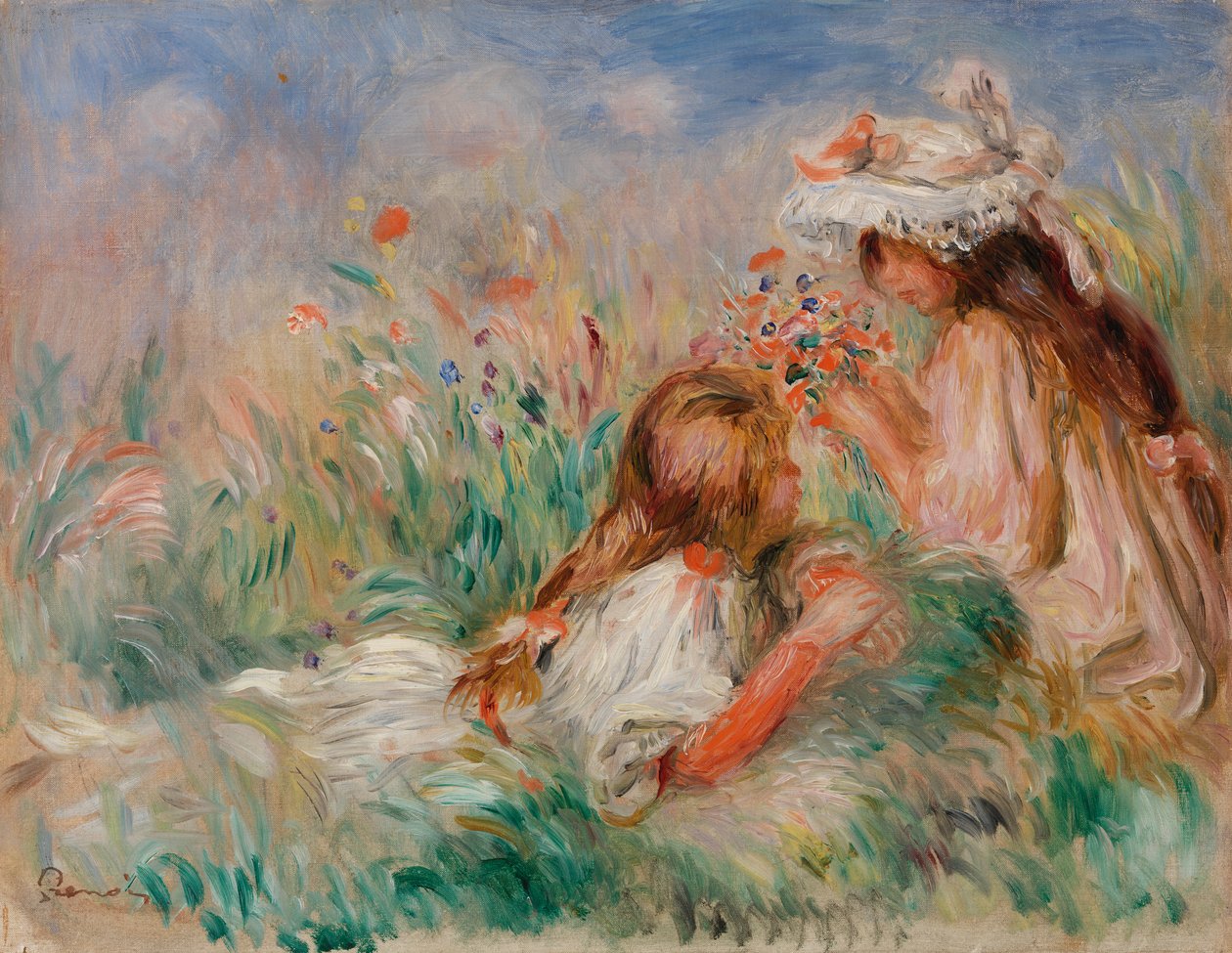 Tytöt ruohikolla asettelemassa kukkakimppua tekijältä Pierre-Auguste Renoir