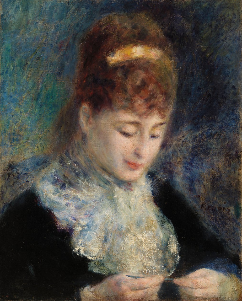 Nainen virkkaamassa tekijältä Pierre-Auguste Renoir
