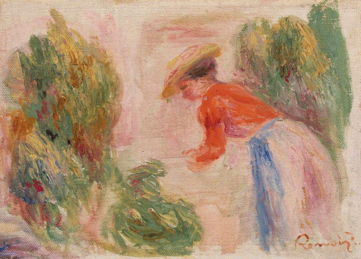 Nainen keräämässä kukkia tekijältä Pierre-Auguste Renoir