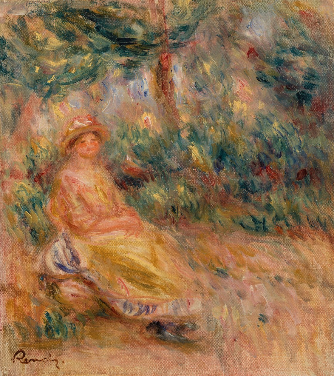 Nainen vaaleanpunaisessa ja keltaisessa maisemassa tekijältä Pierre-Auguste Renoir