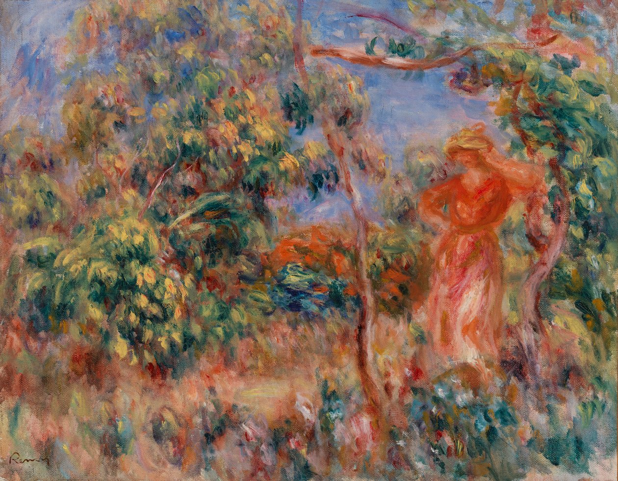 Punainen nainen maisemassa tekijältä Pierre-Auguste Renoir