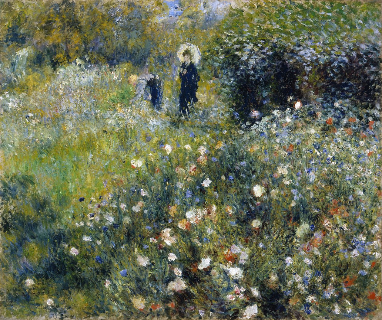 Nainen päivänvarjon kanssa puutarhassa tekijältä Pierre-Auguste Renoir