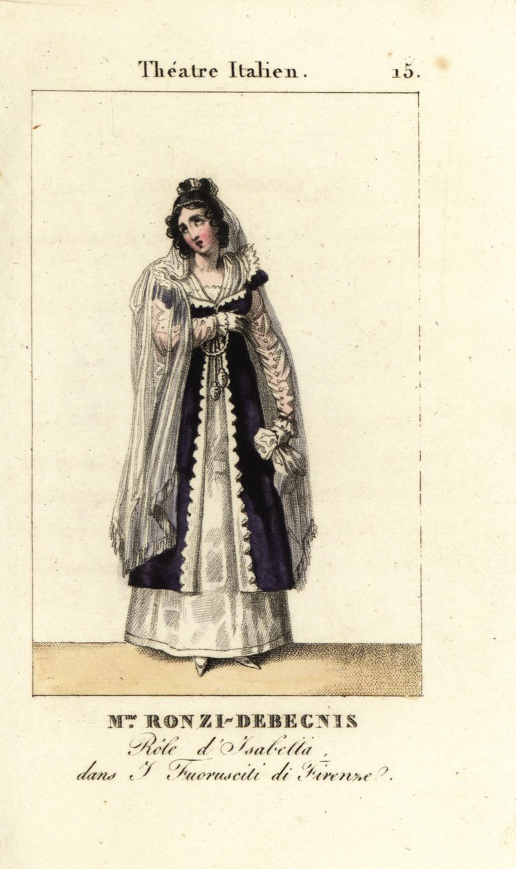 Mme. Ronzi-Debegnis in I Fuoruscit di Firenze, Theater Italien, 1819 (kaiverrus) tekijältä Pierre Charles Baquoy