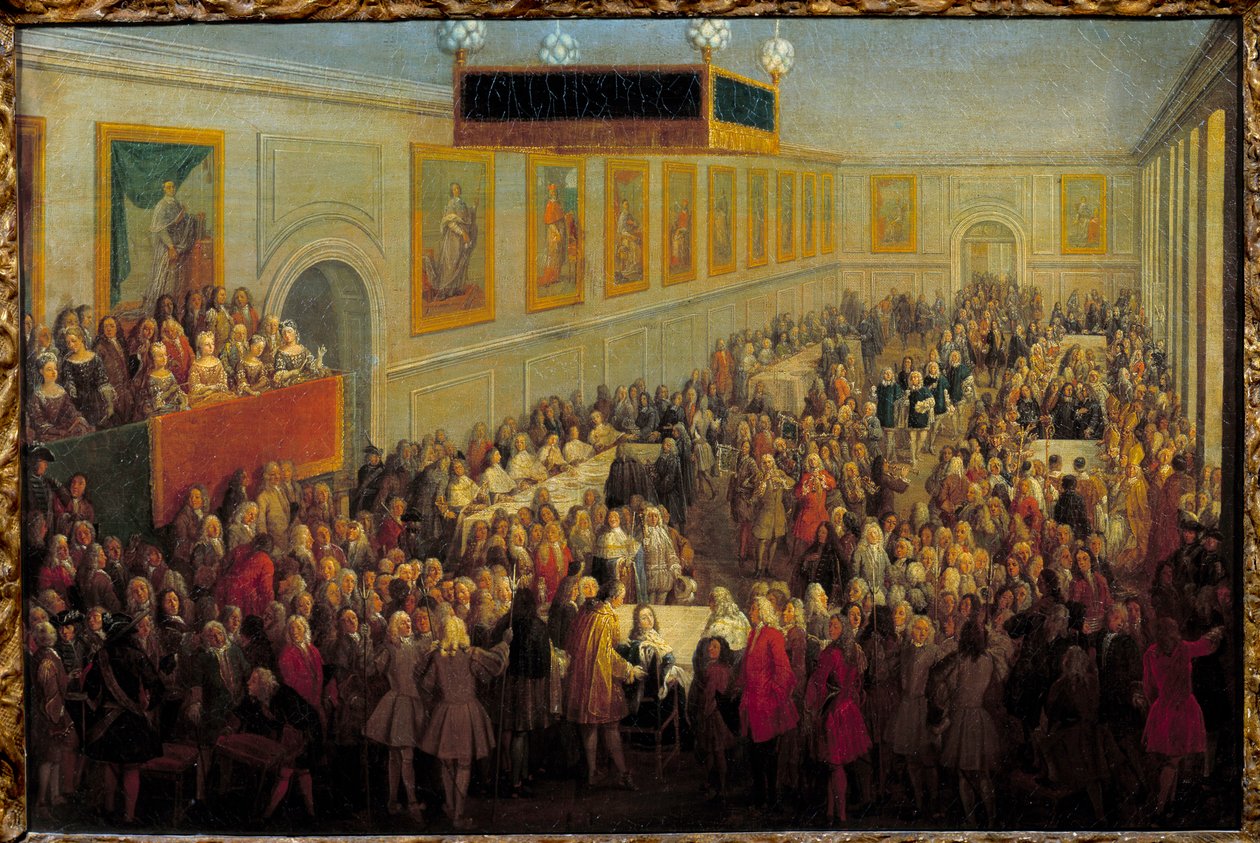Ludvig XV:n pyhän juhla Reimsin arkkipiispan palatsissa 25. lokakuuta tekijältä Pierre Denis Martin
