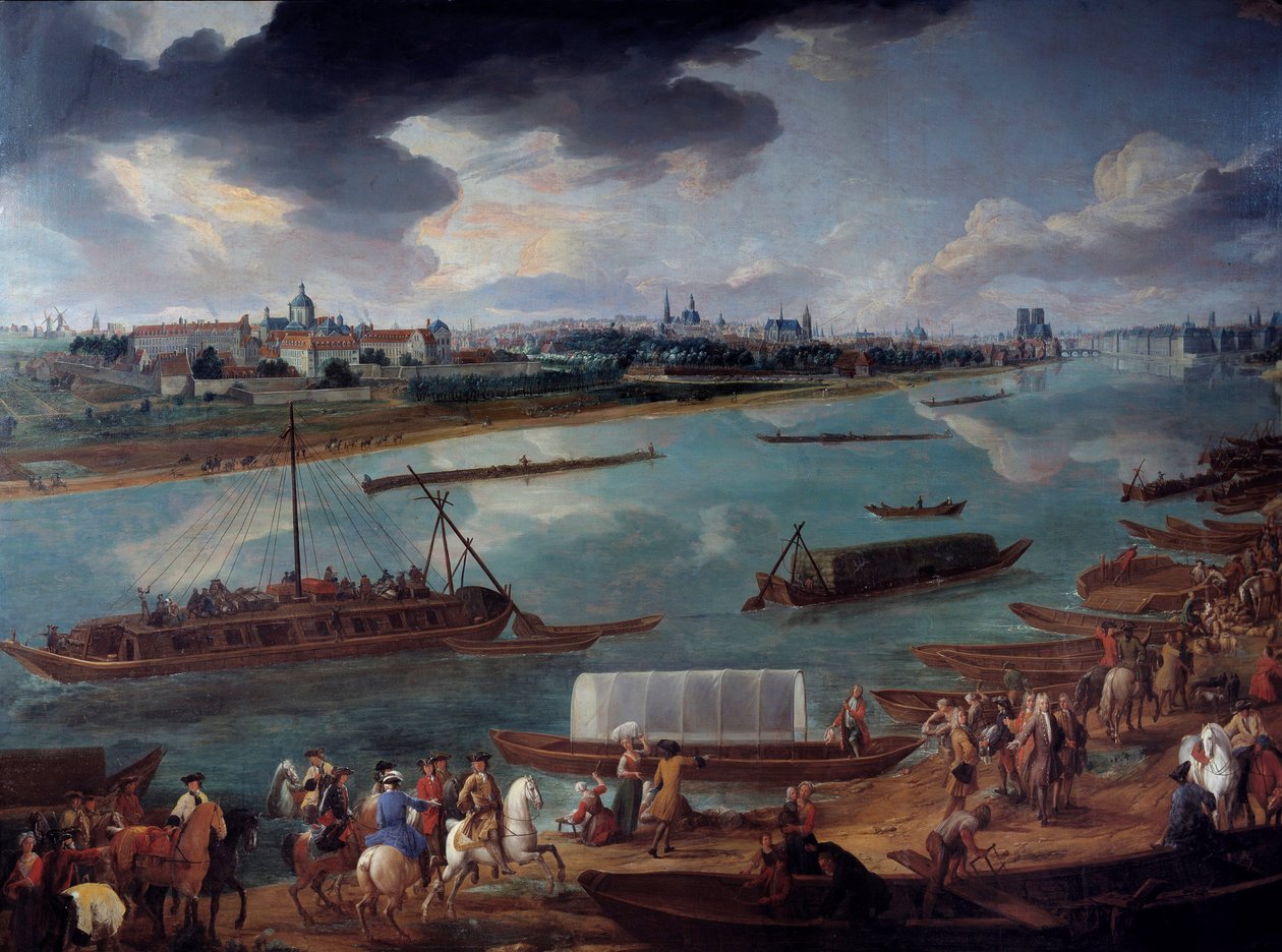 Näkymä Pariisista, otettu Quai de la Rapeelta vuonna 1716 Yksityiskohta Seinen veneistä. Pierre Denis Martinin maalaus tekijältä Pierre Denis Martin