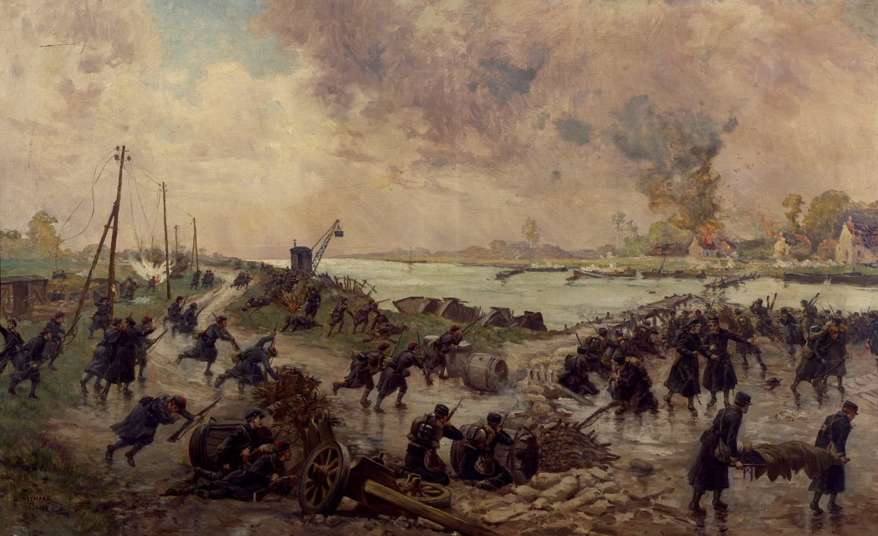 Belgialaiset joukot taistelussa Yserillä, lokakuu 1914, ensimmäinen maailmansota, Belgia, 1900-luku tekijältä Pierre Ernest and Neymark Gustave Ballue