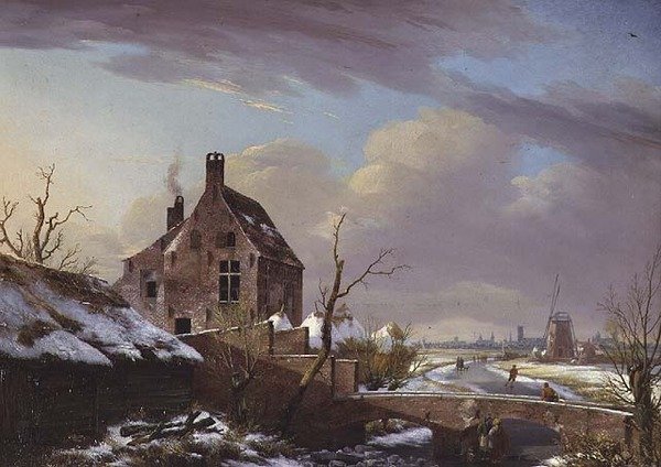 Talvimaisema hahmoineen sillan vieressä tekijältä Pierre François De Noter