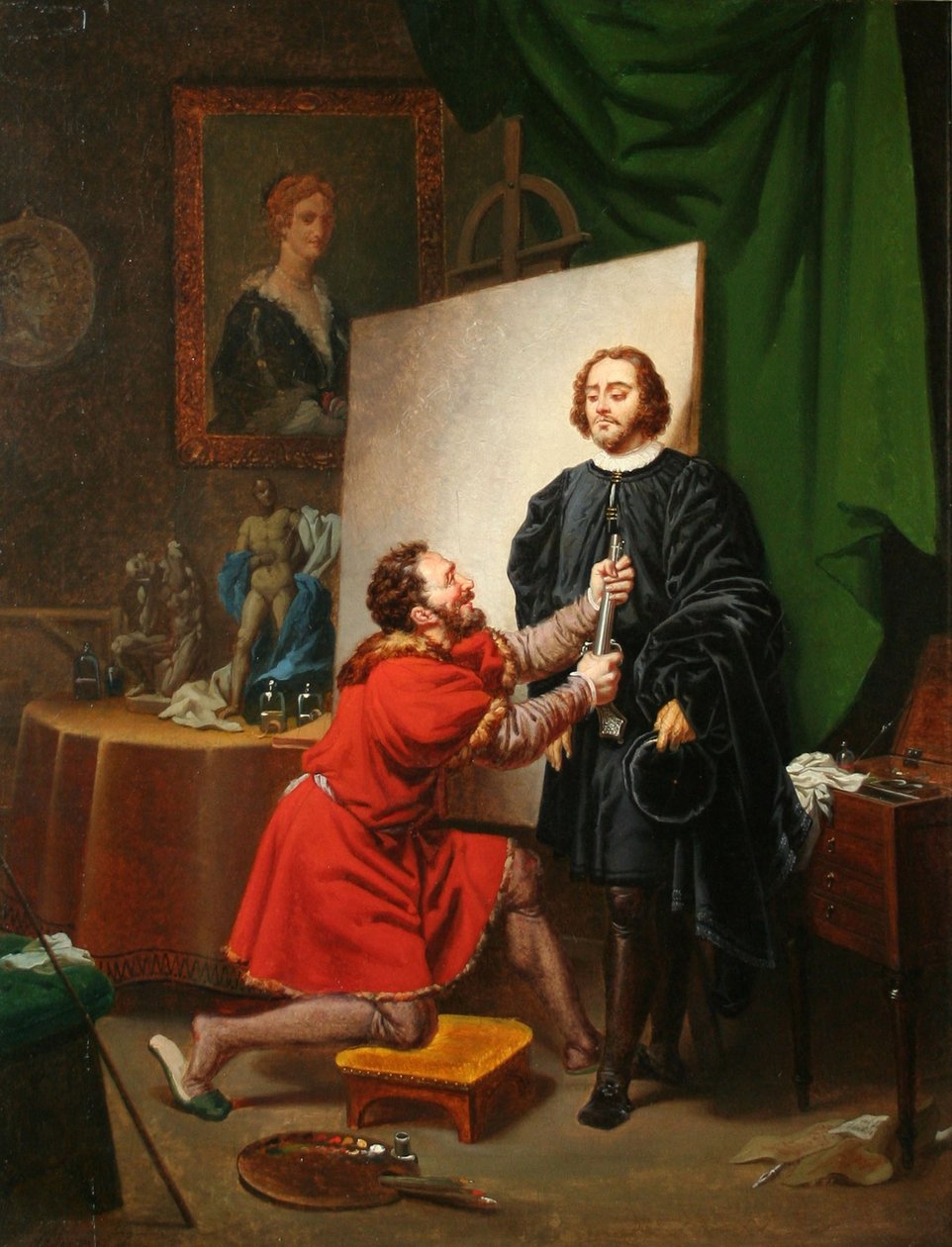 Aretino Tintoreton studiossa, n. 1822 (öljy kankaalle) tekijältä Pierre Nolasque Bergeret