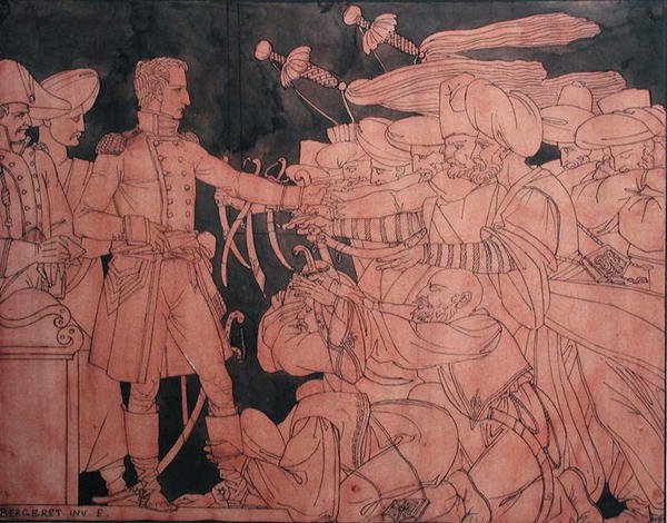 Napoleon I (1769-1821) vastaanottaa Egyptin johtajien antautumisen Egyptin kampanjan aikana, maljakon valmistelusuunnitelma (guassi paperilla) tekijältä Pierre Nolasque Bergeret