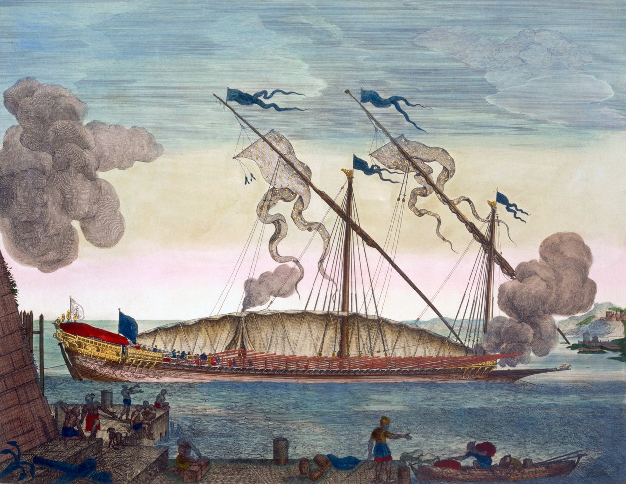 Kuninkaallinen keittiö (espanjalainen tai portugalilainen), jota orjat soutavat ja laukaisevat signaalia, teoksesta "Le Neptune Francois", n. 1693-1700 (käsinvärinen kaiverrus) tekijältä Pierre (1661-1711) Mortier