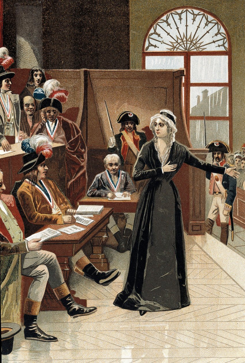 Ranskan vallankumous: Ranskan kuningatar Marie Antoinette tuomarin edessä oikeudenkäynnissä 14. lokakuuta 1793 (piirustus), tekijältä Pierre (after) Bouillon