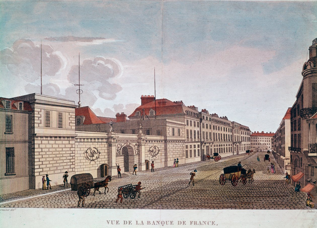 Ranskan keskuspankki Rue Croix-Petits-Champsista Pariisista (kaiverrus tekijältä Pierre (after) Courvoisier
