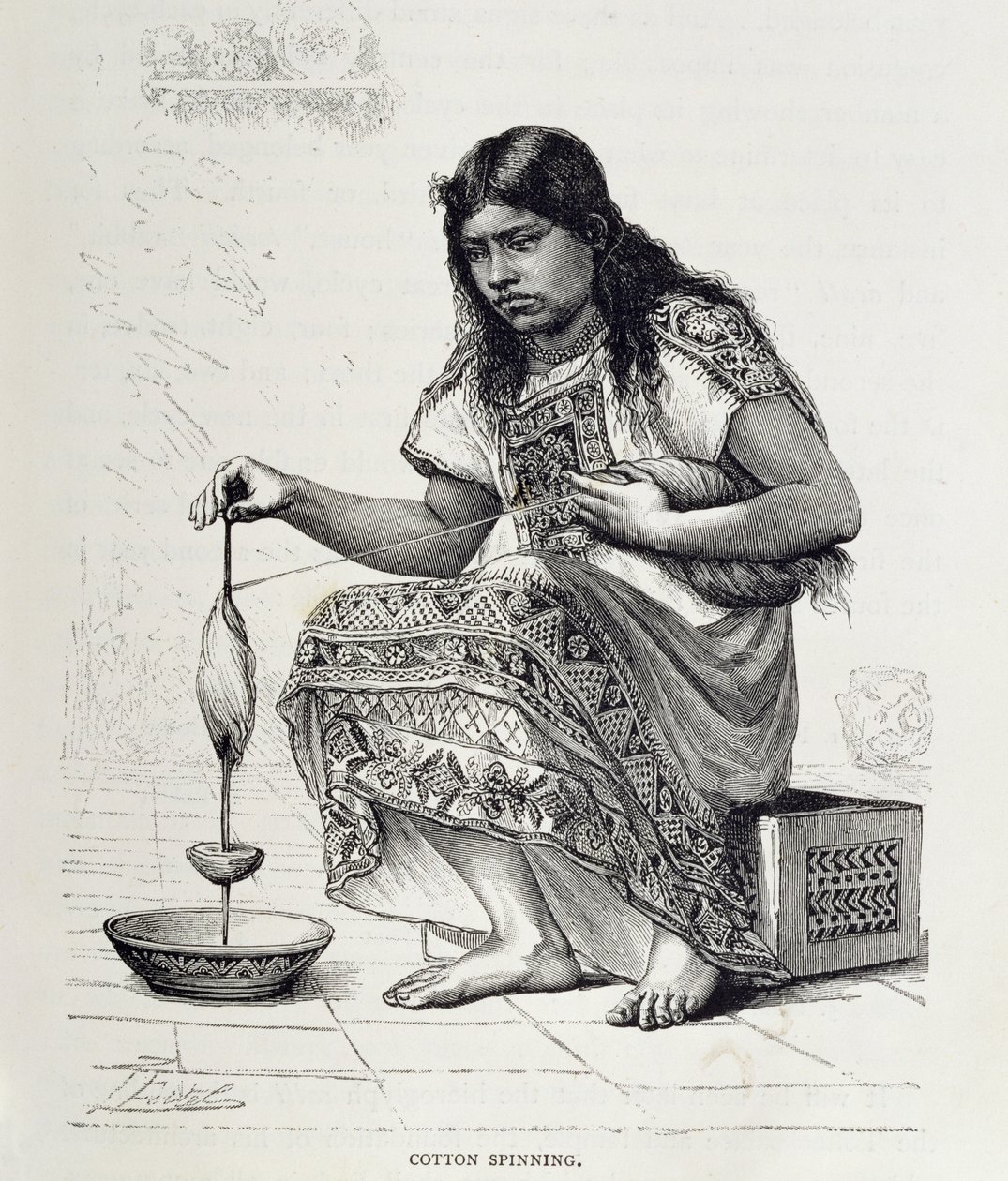 Puuvillan kehrääminen, Claude-Joseph-Desire Charnayn teoksesta "Uuden maailman muinaiset kaupungit", julkaisu. 1887 (kaiverrus) tekijältä Pierre (after) Fritel