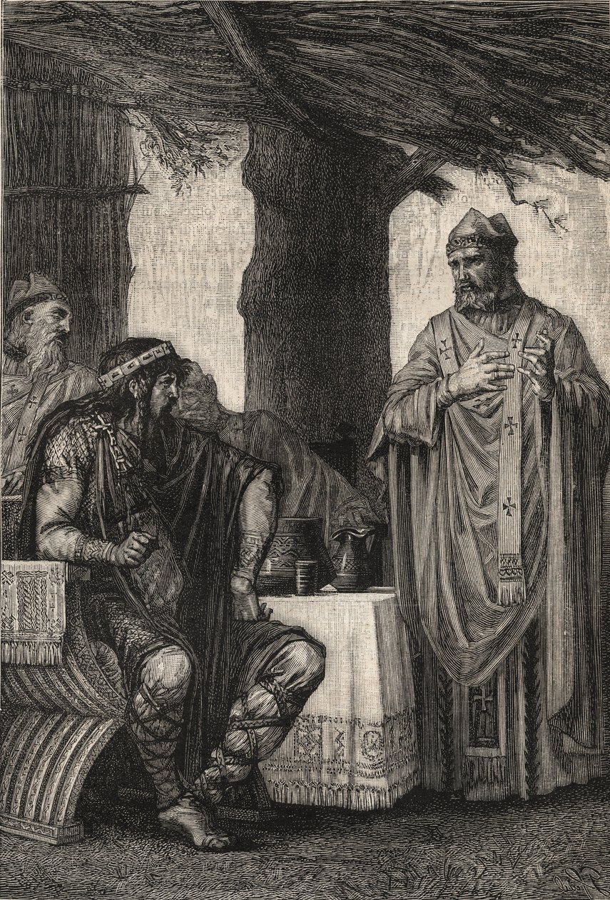 Toursin pyhä Gregorius (538-594) (Gregory of Tours) vastassaan Chilperic I (539-584), Merovingien dynastian frankkien kuningas - Pierre Fritelin (1853-1942) kaiverrus. tekijältä Pierre (after) Fritel
