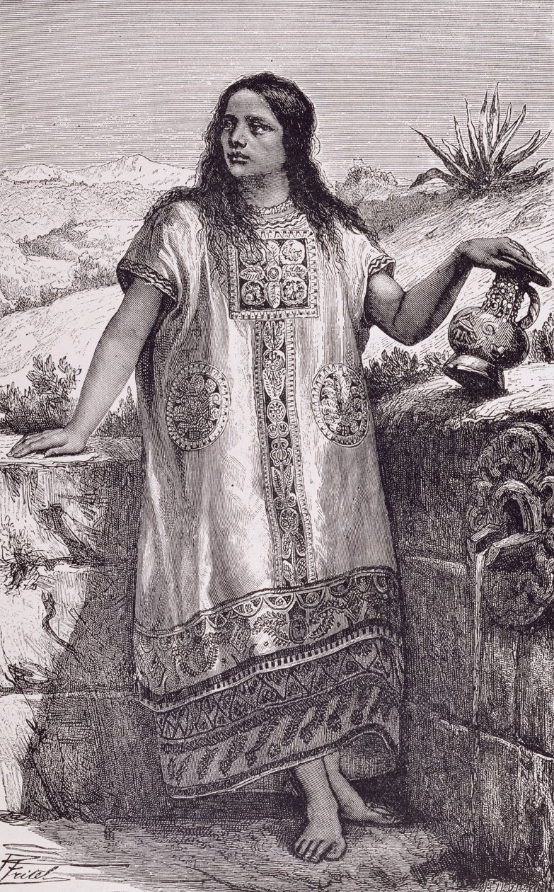 Nuori toltekkityttö, Claude-Joseph-Desire Charnayn teoksesta "Uuden maailman muinaiset kaupungit", julkaisu. 1887 (kaiverrus) tekijältä Pierre (after) Fritel