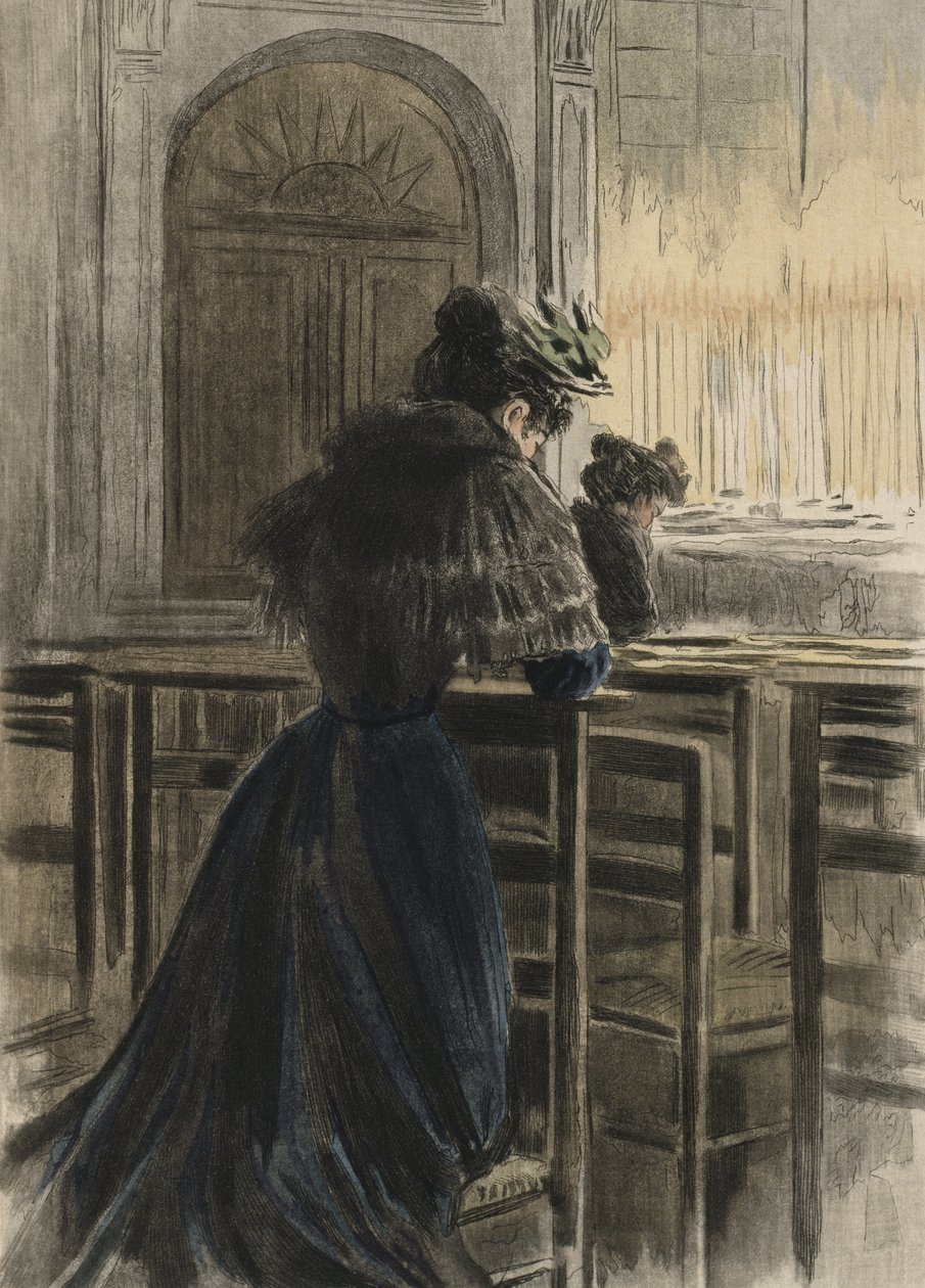 Hartauksia kirkossa, kuvitus Octave Uzannen (1851-1931) teoksesta "La Femme a Paris" 1894 (värikaiverrus) tekijältä Pierre (after) Vidal