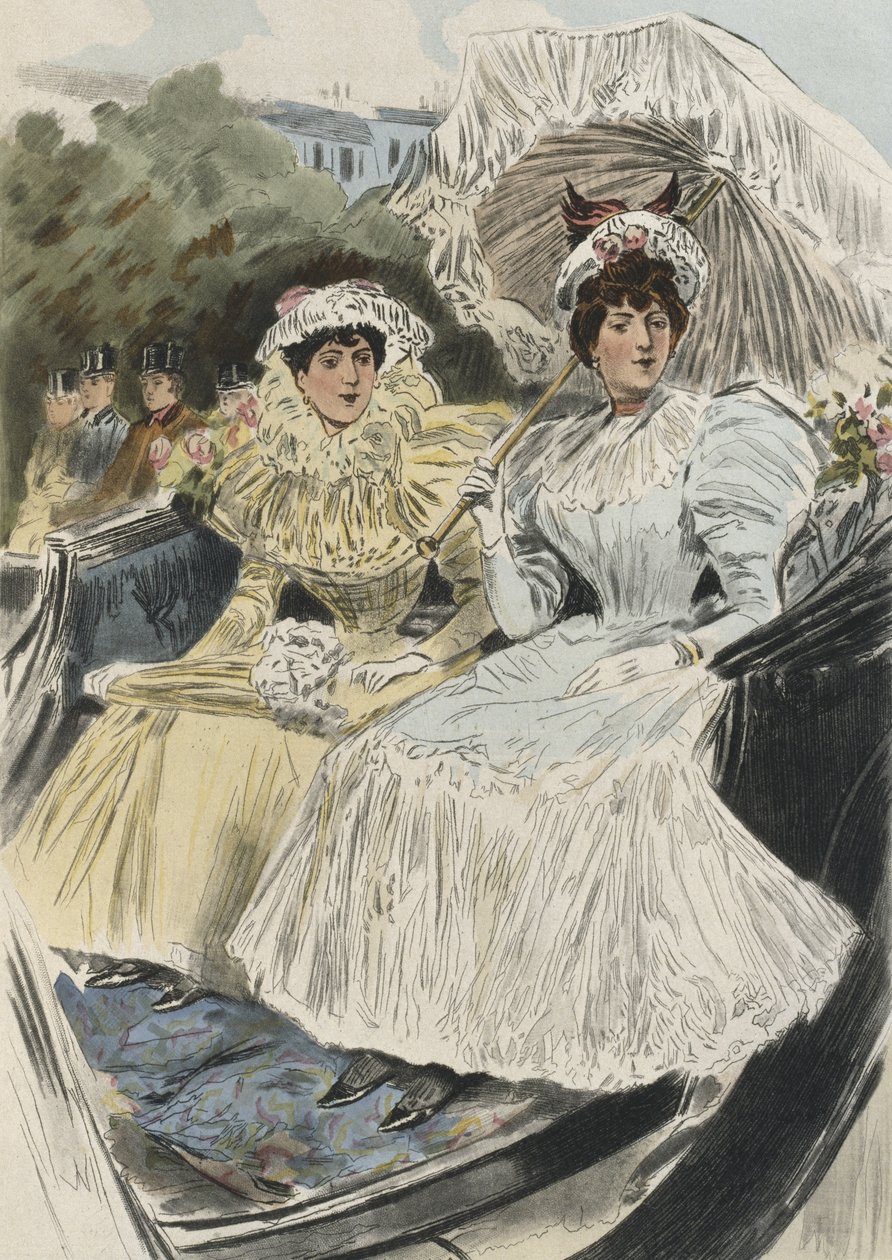 Arvostetut nuoret naiset, joilla on helppo hyve, kuvitus Octave Uzannen (1851-1931) "La Femme a Paris" -teoksesta 1894 (värikaiverrus) tekijältä Pierre (after) Vidal