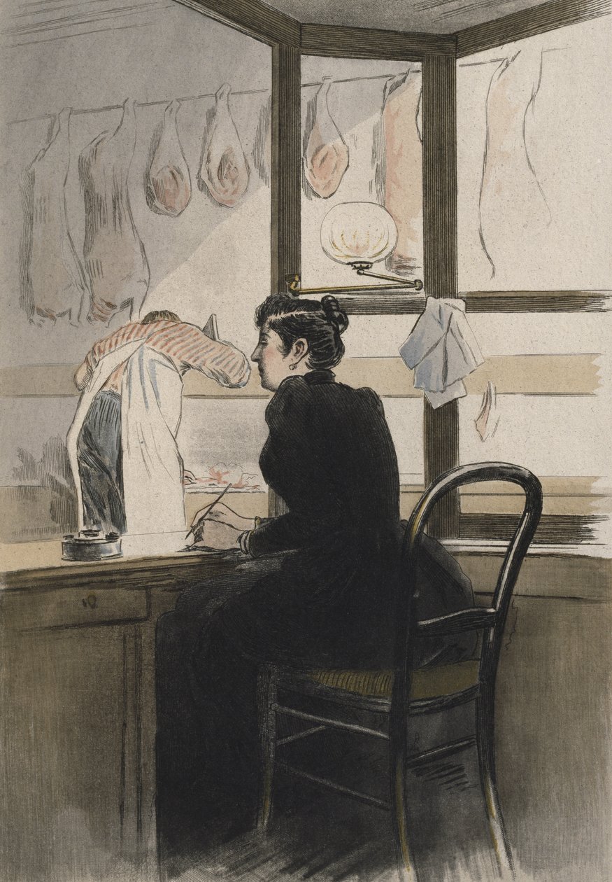 Teurastajan kassa, kuvitus Octave Uzannen (1851-1931) teoksesta "La Femme a Paris" 1894 (värikaiverrus) tekijältä Pierre (after) Vidal