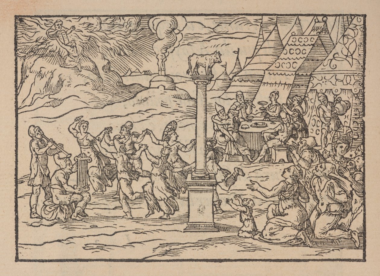 Kultaisen vasikan jumalointi, Figure de la Biblia, havainnollistaa Toscanaa, Gabriele Simeoni tekijältä Pierre (attr. to) Eskrich