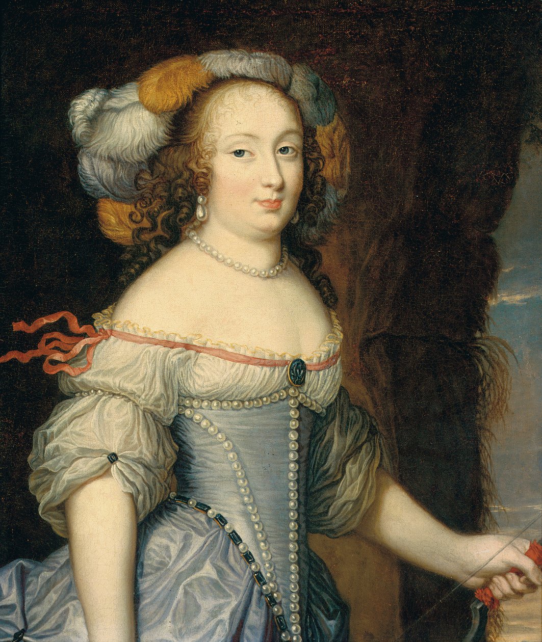 Muotokuva Françoise Anthénais de Rochechouart de Mortemarista, markiisi de Montespan (1640-1707), puolipitkä Diana, yllään höyhenpeitteinen päähine ja pitelee rusetta vasemmassa kädessään (öljy kankaalle) tekijältä Pierre (circle of) Mignard