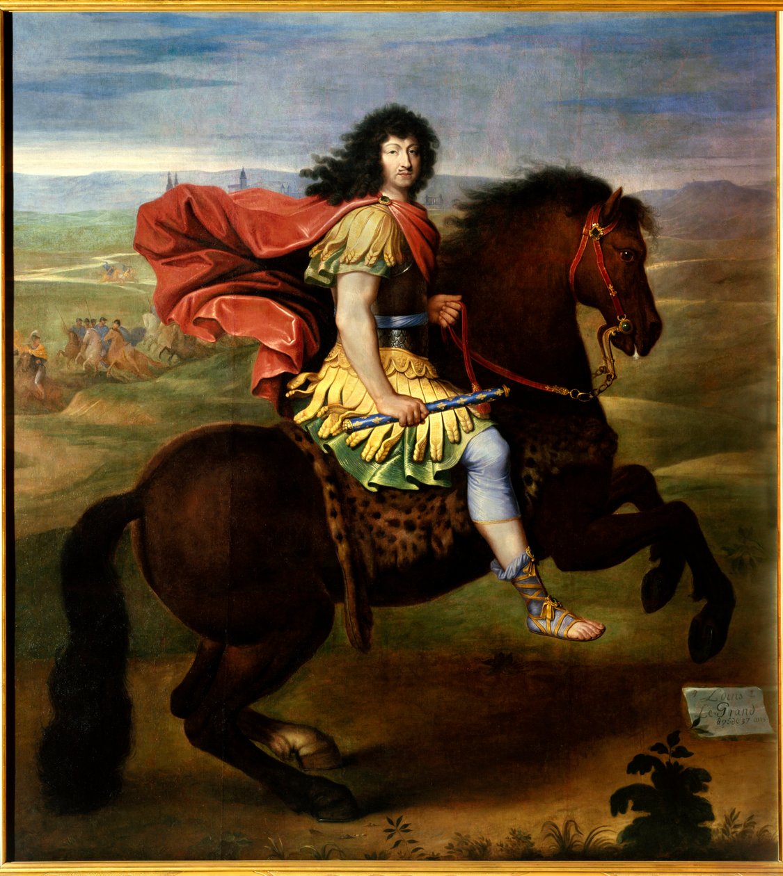 Ludvig XIV:n (37-vuotias) ratsastusmuotokuva. Ranskan kuningas Ludvig XV, joka tunnetaan nimellä Le Bien Aime (1710-1774), edustaa panssaria, sandaalikenkiä ja pitelee sinistä tikkua liljankukilla. Pierre Mignardin (1612-1695) työpajan maalaus tekijältä Pierre (studio of) Mignard