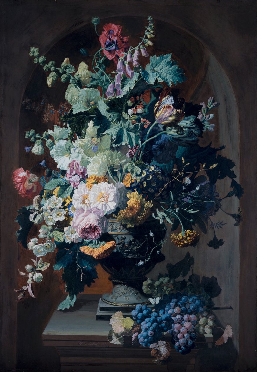Kukkimaljakko mimoosien kanssa ja kukkamaljakko rypäletertun kanssa (pari) tekijältä Pierre Adrien Chabal Dussurgey