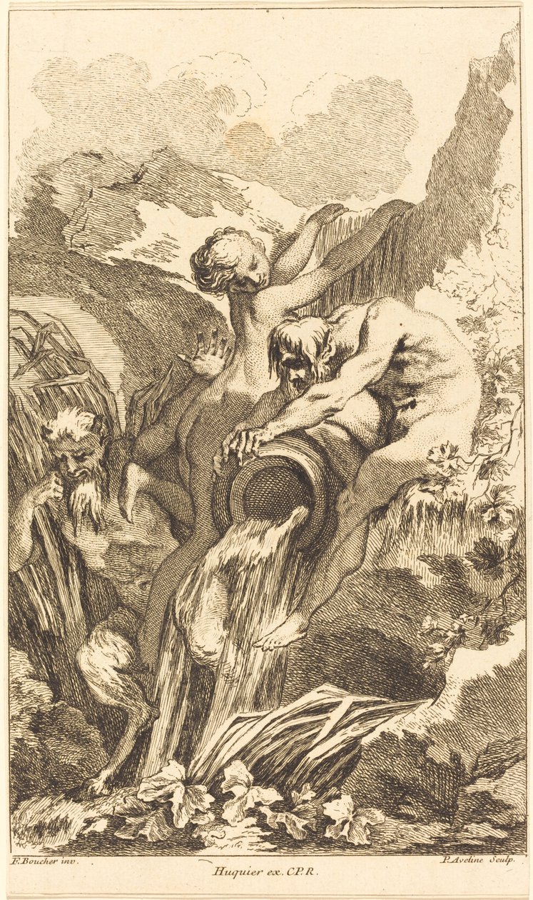 Satyyri, nymfi ja jokijumala vuonna 1736 tai sen jälkeen. tekijältä Pierre Alexandre Aveline