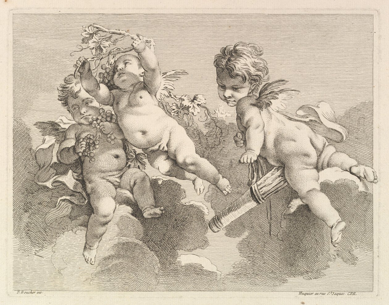 Kolme rakkautta, yksi kädessään värinä, toinen, viinirypäleet, 1727-60. tekijältä Pierre Alexandre Aveline