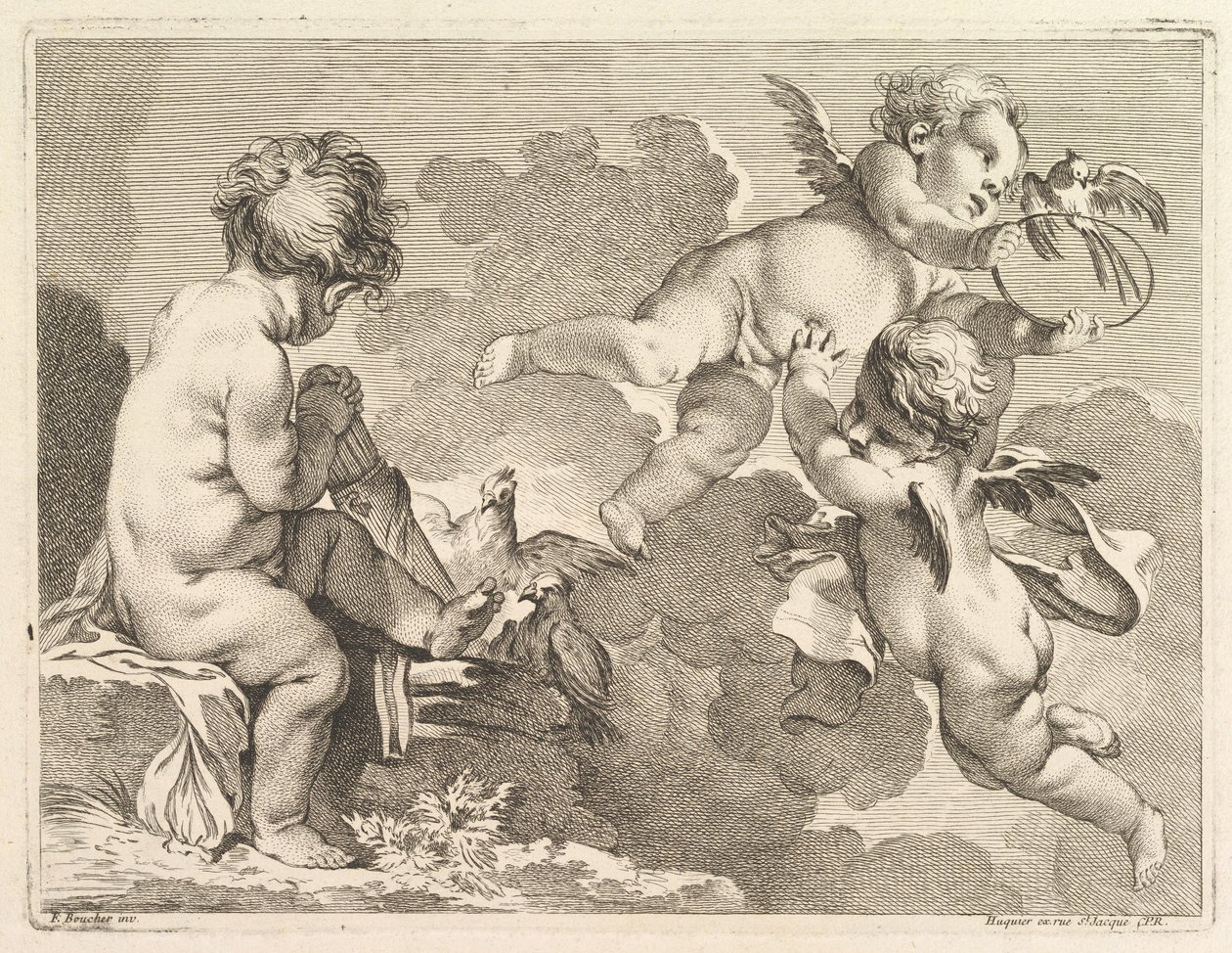 Kolme rakkautta, joista yksi istuu, kädessään nuoli, 1727-60. tekijältä Pierre Alexandre Aveline