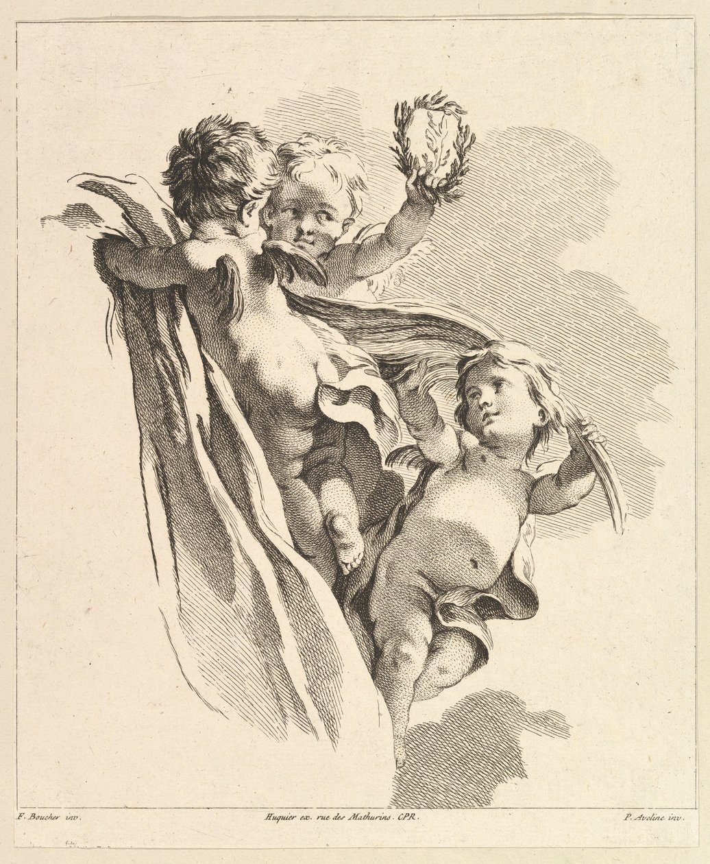 Kolme Cupidoa, joista yhdellä on kruunu, neljännestä lasten ryhmien kirjasta, 1700-luvulta. tekijältä Pierre Alexandre Aveline
