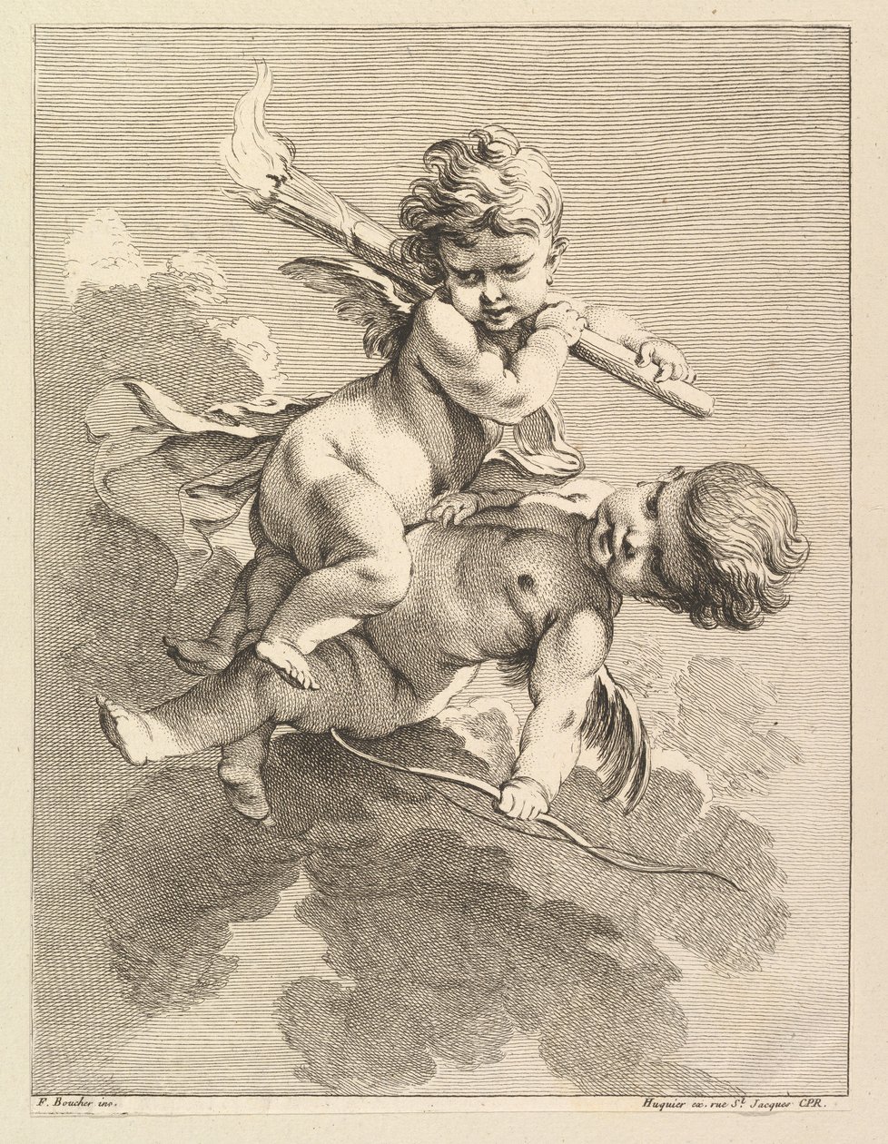 Kaksi Cupidoa, toinen kantaa taskulamppua, toinen jousi, 1727-60. tekijältä Pierre Alexandre Aveline