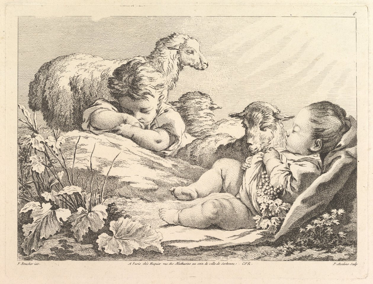 Kaksi nukkuvaa lasta kolmen lampaan kanssa, 1700-luku. tekijältä Pierre Alexandre Aveline