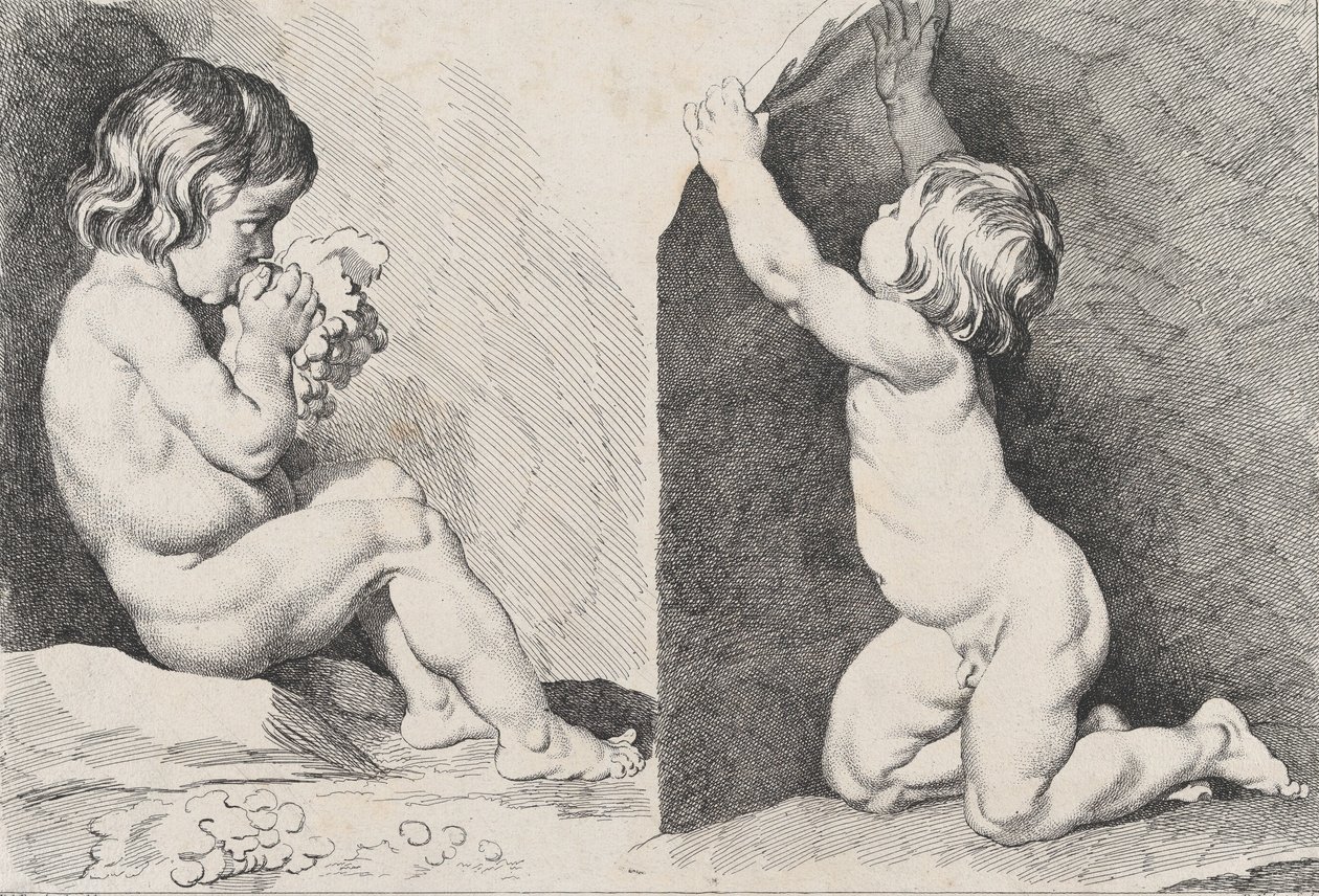 Kaksi alastomaa lasta syömässä viinirypäleitä, Uudesta lastenkirjasta, 1720-60. tekijältä Pierre Alexandre Aveline