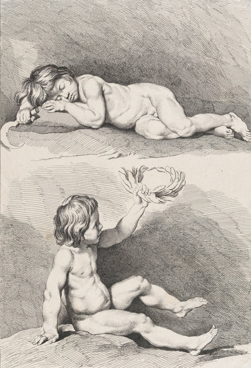 Kaksi alaston lasta, toinen nukkuu ja toinen kädessään seppele, kirjasta New Book of Childr..., 1720-60. tekijältä Pierre Alexandre Aveline