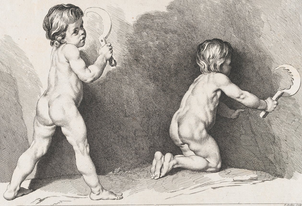 Kaksi alaston lasta seisomassa, New Book of Children, 1720-60. tekijältä Pierre Alexandre Aveline