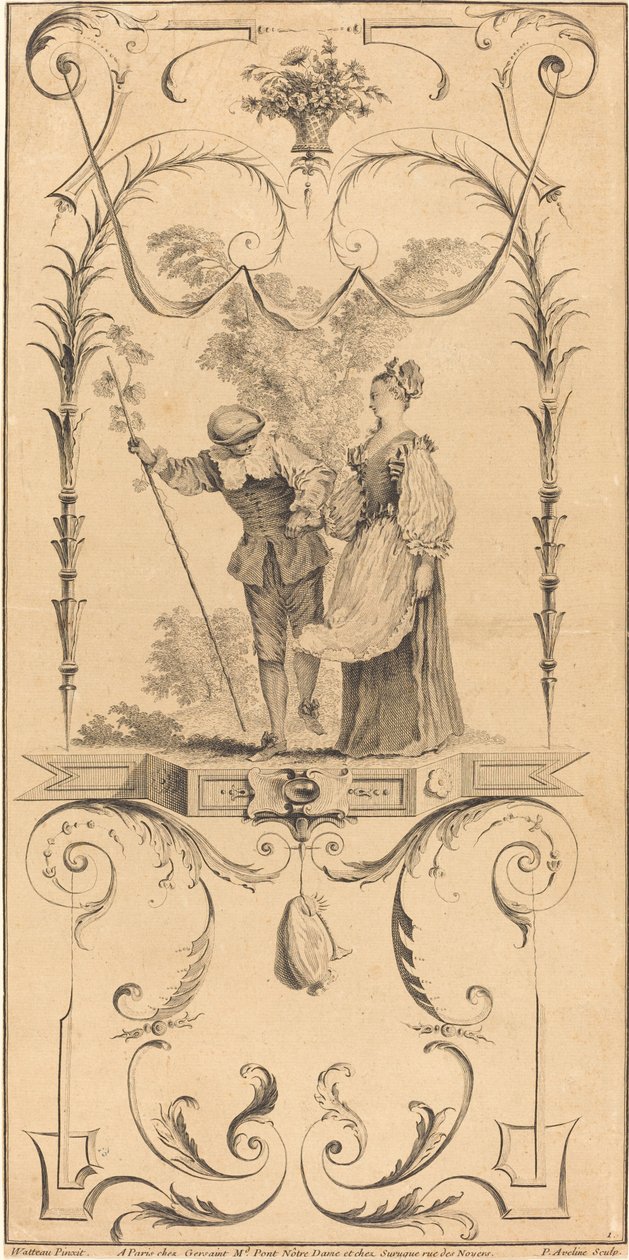 Paimen ja paimentar (?) tekijältä Pierre Alexandre Aveline after Antoine Watteau